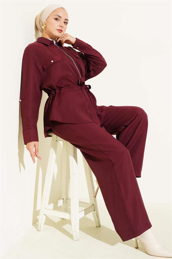 Waist Tunnel Double Pocket 2 Piece Set Claret Red