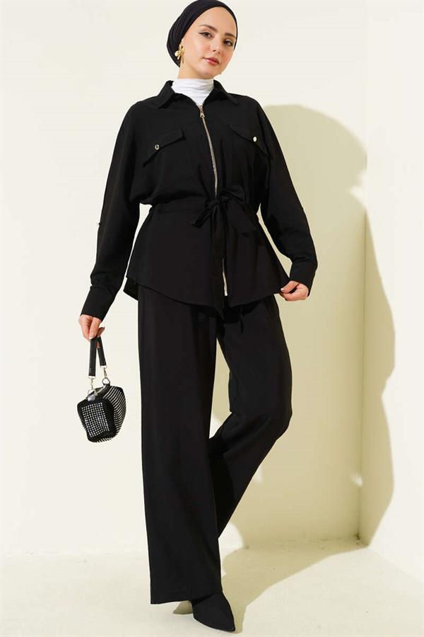 Waist Tunnel Double Pocket 2 Piece Set Black