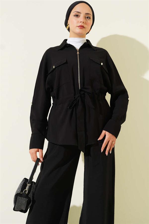 Waist Tunnel Double Pocket 2 Piece Set Black