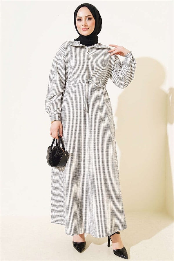 Striped Waffle Dress with Waistline, Black