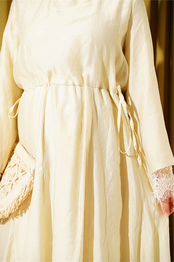 Belted Dress with Lace Detail, Beige