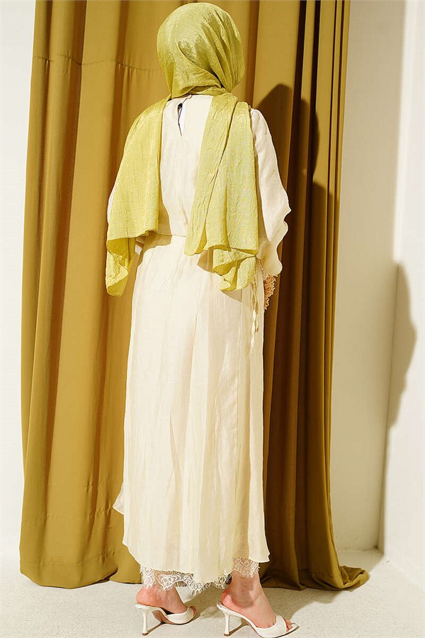 Belted Dress with Lace Detail, Beige