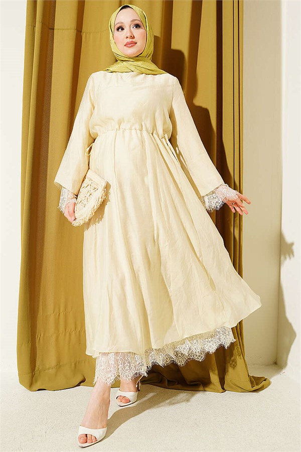 Belted Dress with Lace Detail, Beige