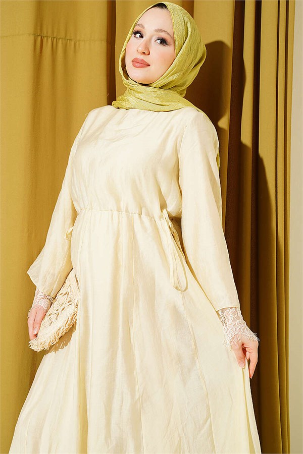 Belted Dress with Lace Detail, Beige