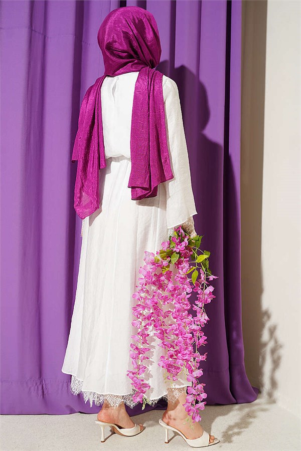 White Dress with Belt and Lace Detail