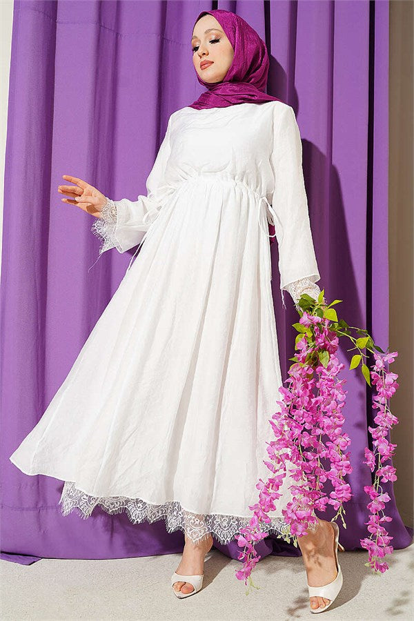 White Dress with Belt and Lace Detail