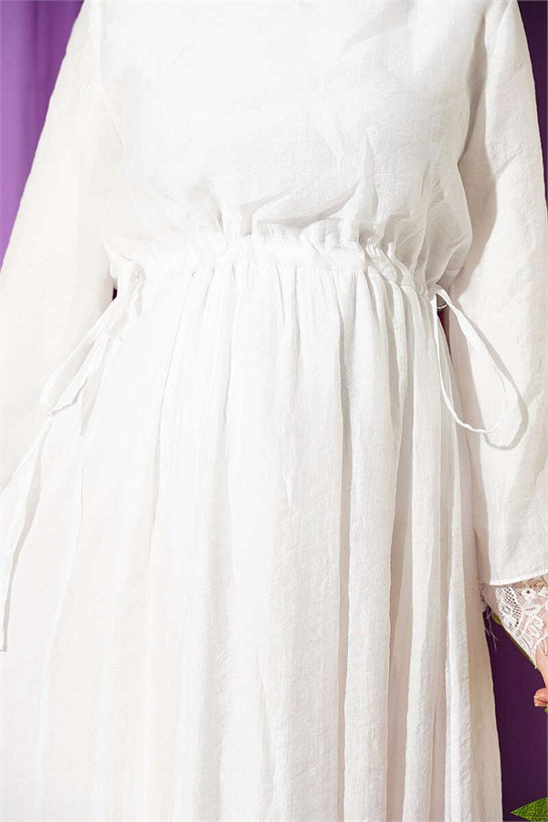 White Dress with Belt and Lace Detail