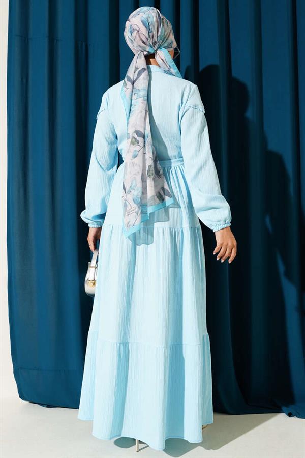 Waist Tunnel Buttoned Tree Bark Dress Baby Blue