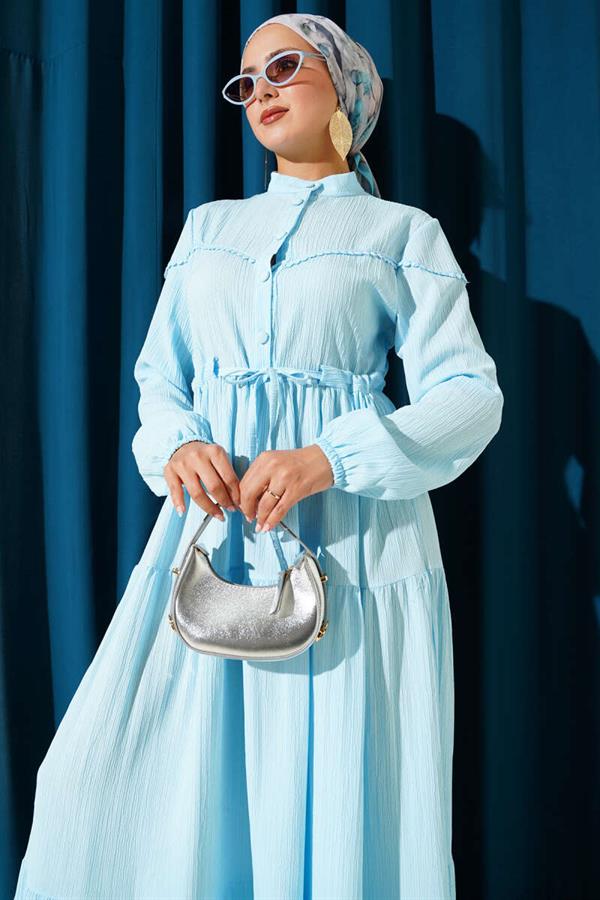 Waist Tunnel Buttoned Tree Bark Dress Baby Blue