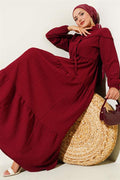 Buttoned Tree Bark Dress with Waist Tunnel, Burgundy