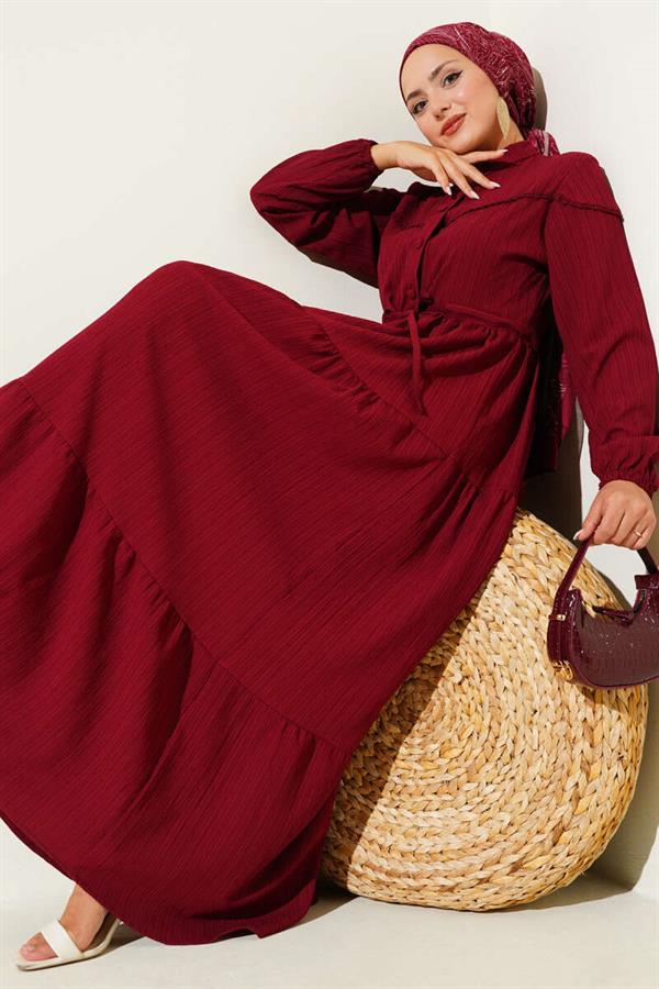 Buttoned Tree Bark Dress with Waist Tunnel, Burgundy