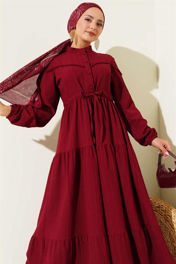 Buttoned Tree Bark Dress with Waist Tunnel, Burgundy