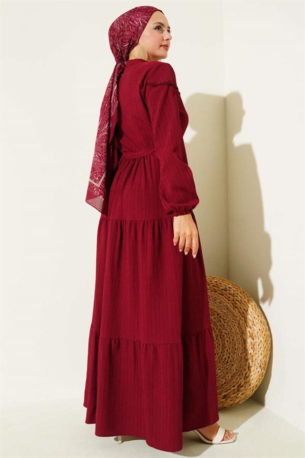 Buttoned Tree Bark Dress with Waist Tunnel, Burgundy