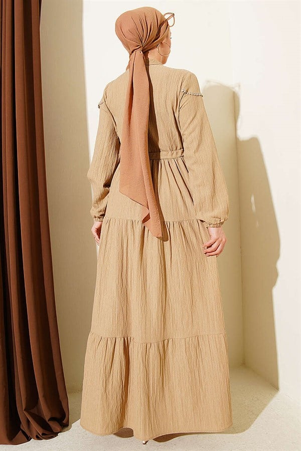 Belted Buttoned Tree Bark Dress Beige