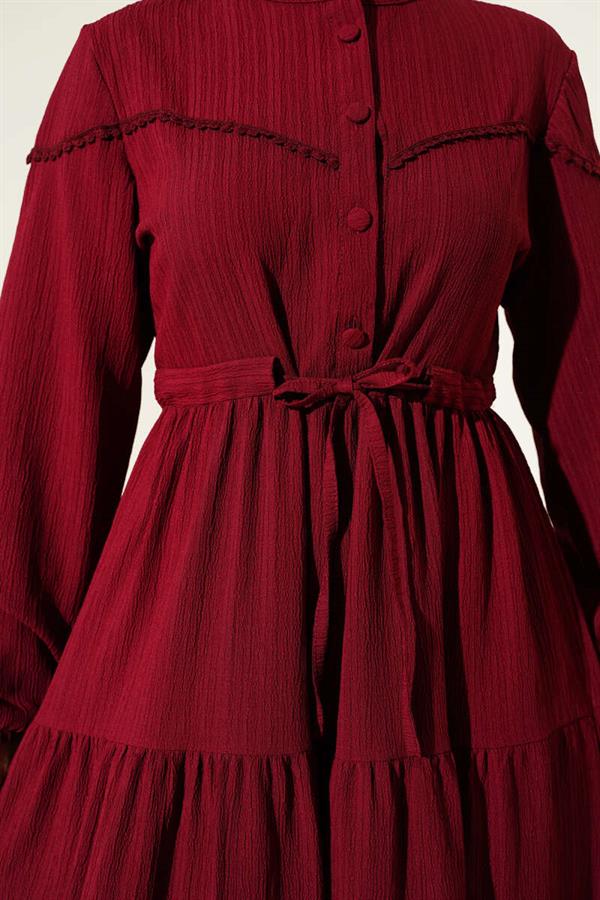 Buttoned Tree Bark Dress with Waist Tunnel, Burgundy