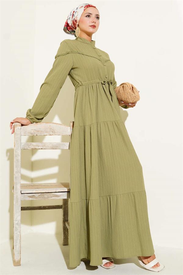 Buttoned Tree Bark Dress with Waist Tunnel, Almond Green
