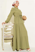Buttoned Tree Bark Dress with Waist Tunnel, Almond Green