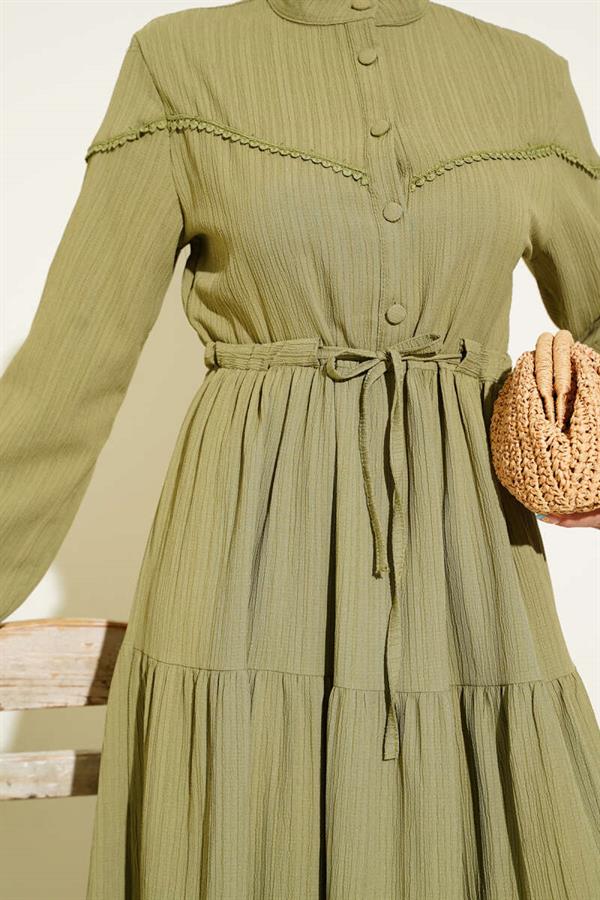 Buttoned Tree Bark Dress with Waist Tunnel, Almond Green