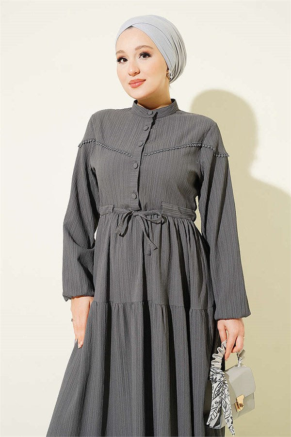Buttoned Tree Bark Dress with Belt Tunnel, Smoke Grey