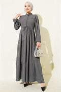 Buttoned Tree Bark Dress with Belt Tunnel, Smoke Grey