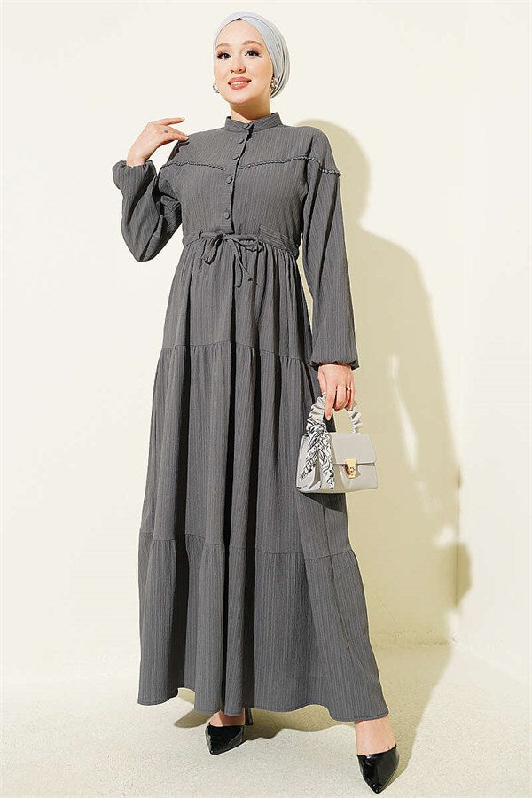Buttoned Tree Bark Dress with Belt Tunnel, Smoke Grey