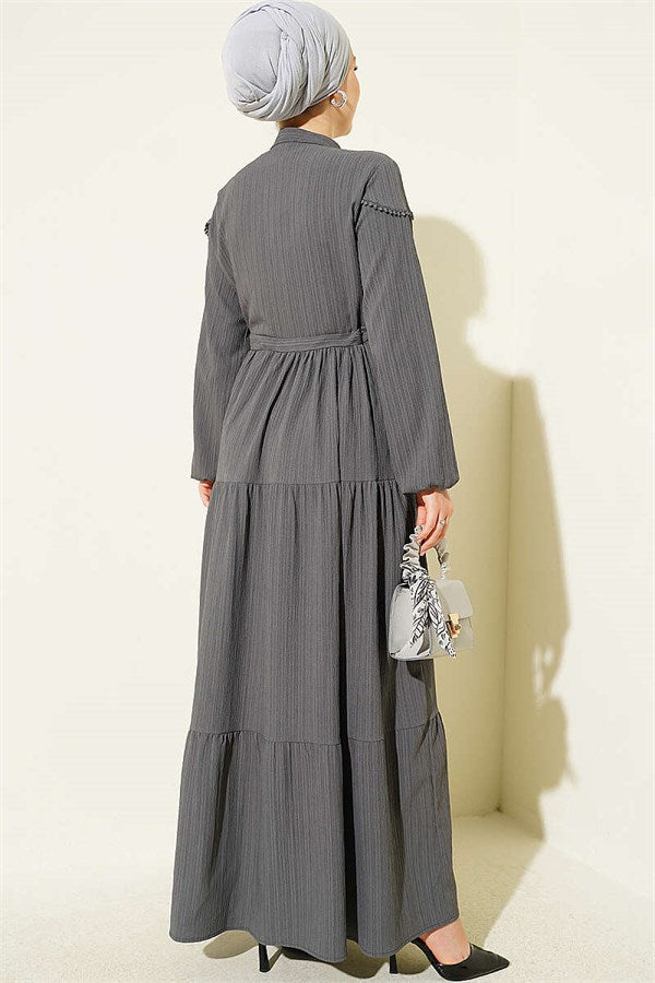 Buttoned Tree Bark Dress with Belt Tunnel, Smoke Grey