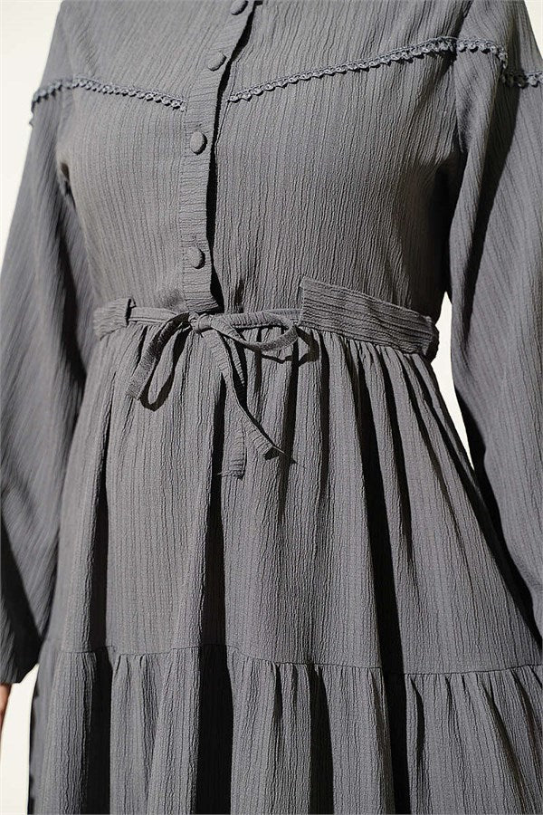Buttoned Tree Bark Dress with Belt Tunnel, Smoke Grey