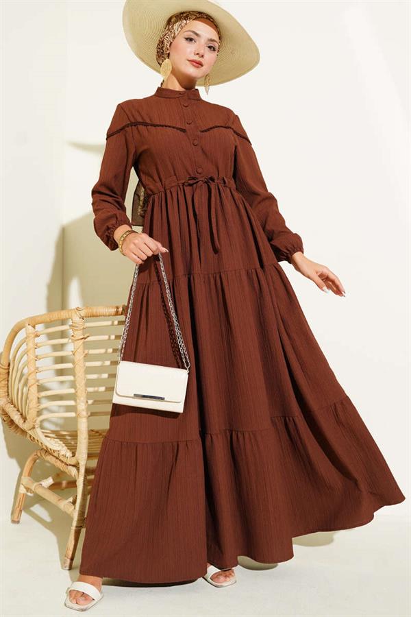Waist Tunnel Buttoned Tree Bark Dress Brown