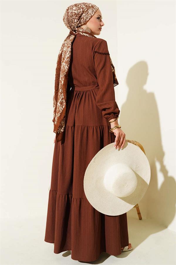 Waist Tunnel Buttoned Tree Bark Dress Brown