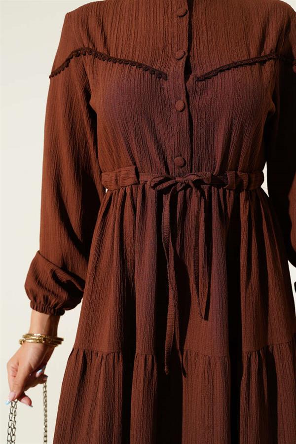 Waist Tunnel Buttoned Tree Bark Dress Brown