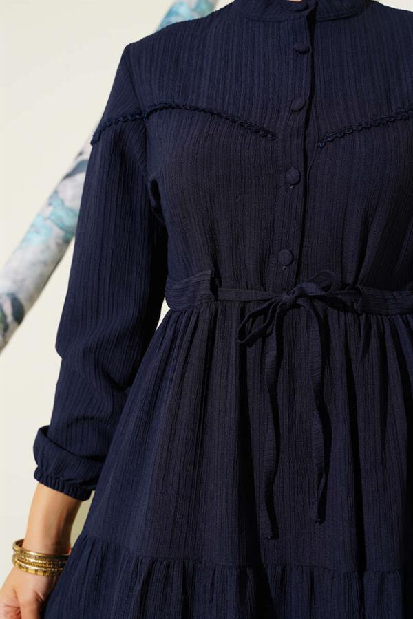Buttoned Tree Bark Dress with Waist Tunnel and Navy Blue