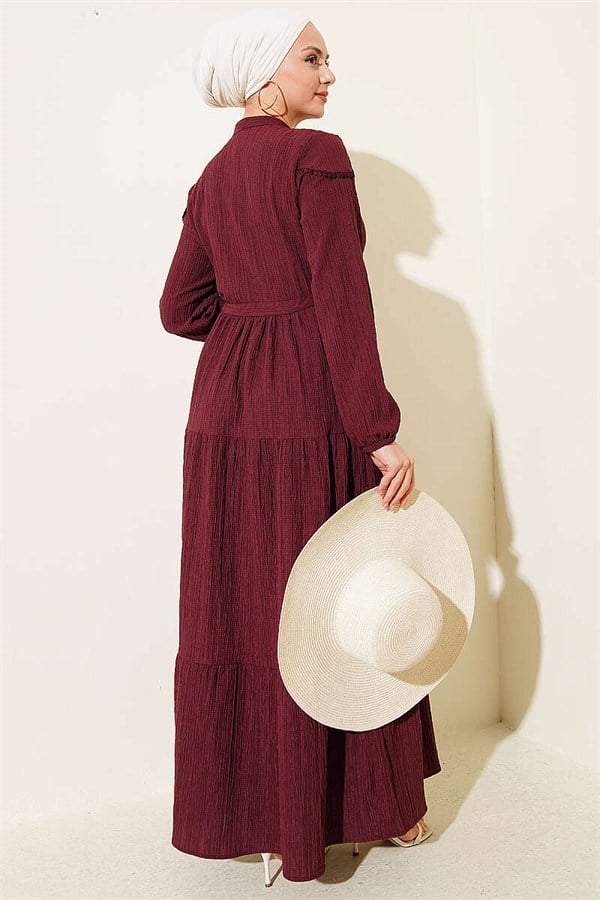 Buttoned Tree Bark Dress with Belt Tunnel, Plum