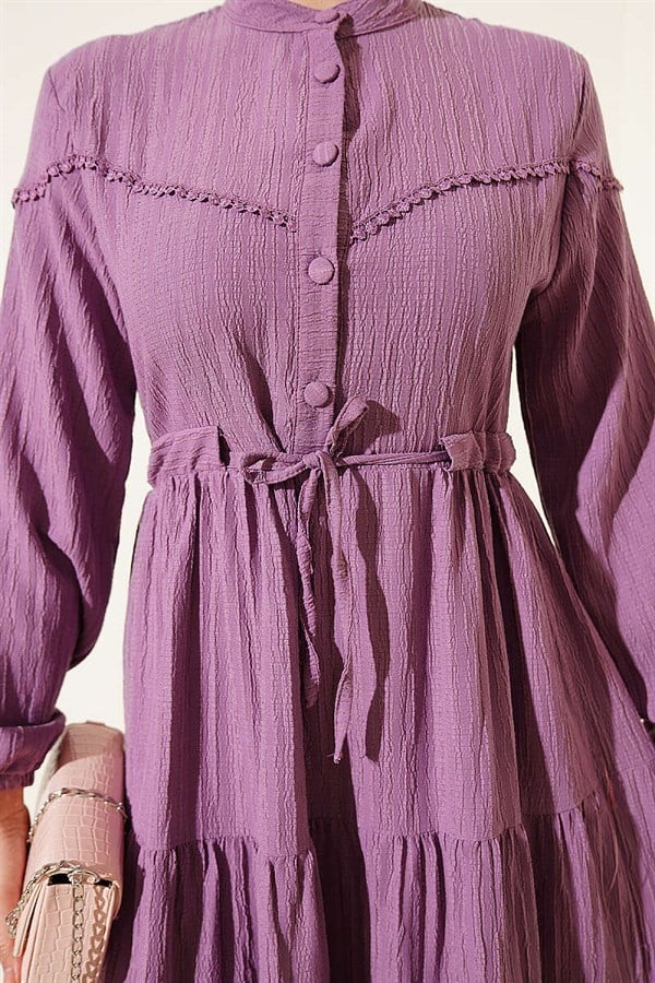Buttoned Tree Bark Dress with Belt Tunnel, Magenta