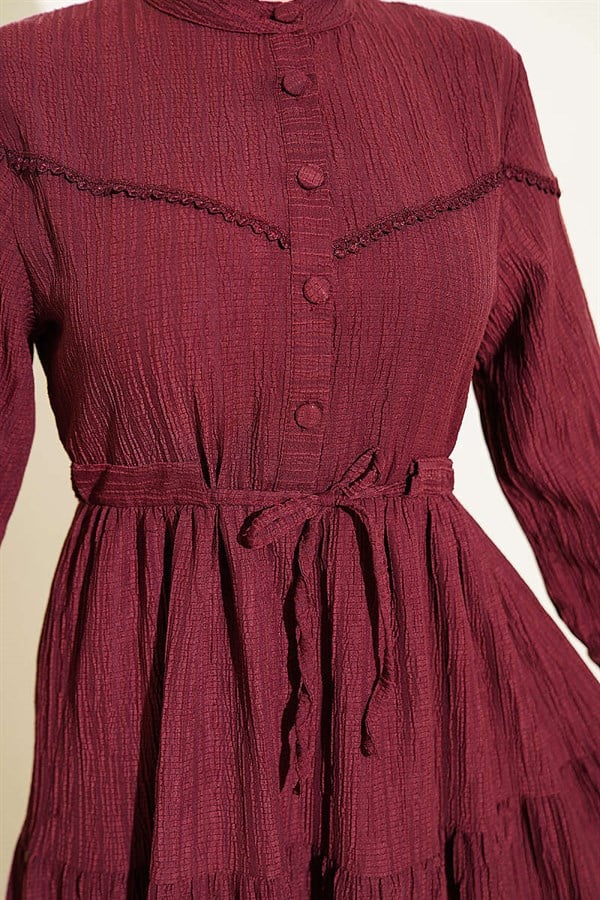 Buttoned Tree Bark Dress with Belt Tunnel, Plum
