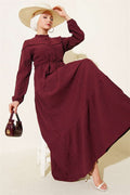 Buttoned Tree Bark Dress with Belt Tunnel, Plum