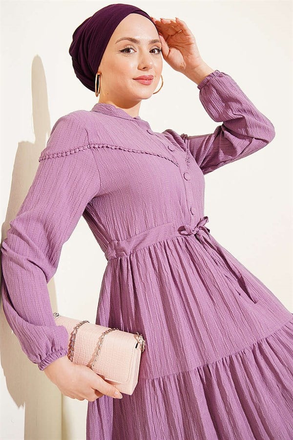 Buttoned Tree Bark Dress with Belt Tunnel, Magenta