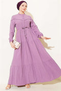 Buttoned Tree Bark Dress with Belt Tunnel, Magenta