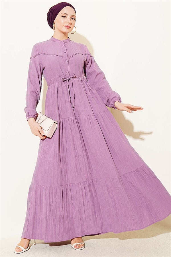 Buttoned Tree Bark Dress with Belt Tunnel, Magenta