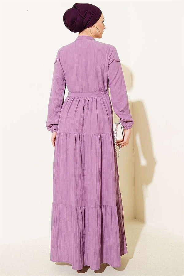 Buttoned Tree Bark Dress with Belt Tunnel, Magenta