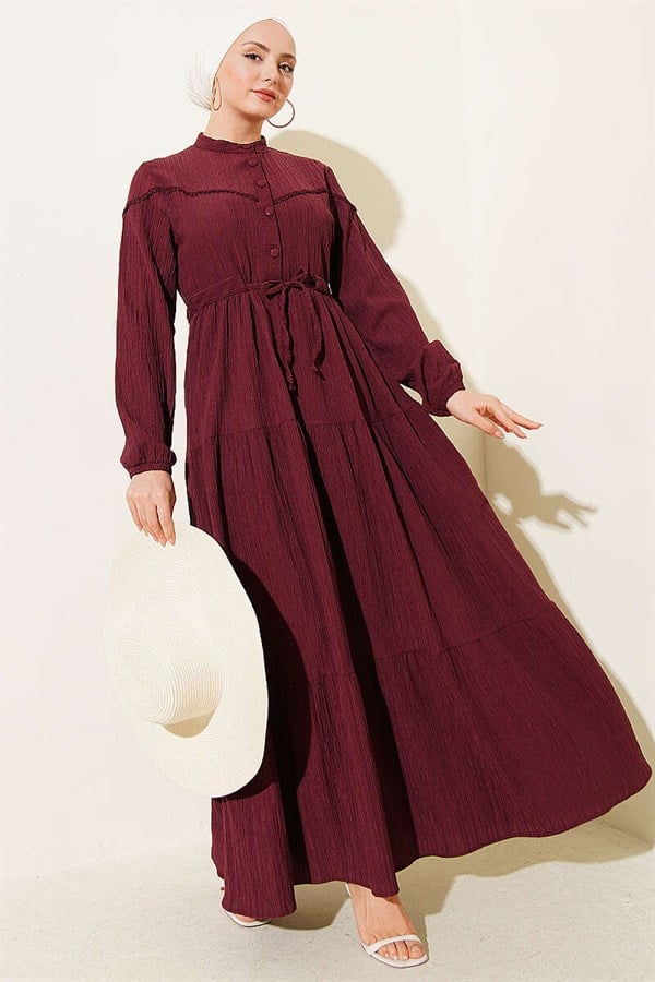 Buttoned Tree Bark Dress with Belt Tunnel, Plum
