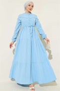 Buttoned Tree Bark Dress with Tunnel Waist, Blue