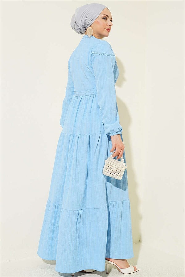 Buttoned Tree Bark Dress with Tunnel Waist, Blue