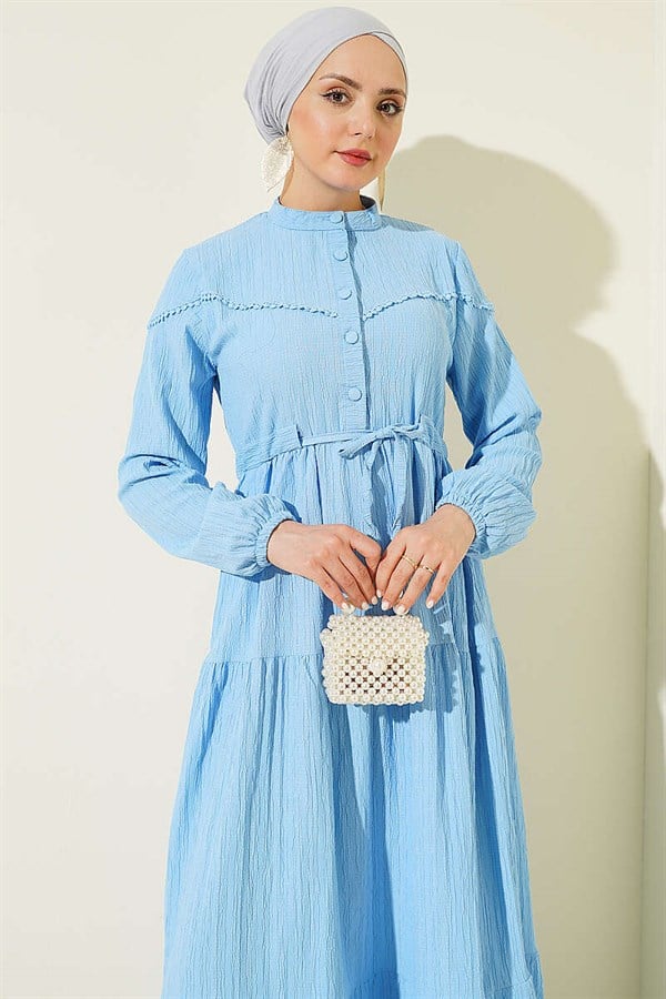 Buttoned Tree Bark Dress with Tunnel Waist, Blue