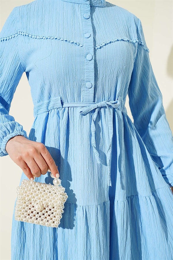 Buttoned Tree Bark Dress with Tunnel Waist, Blue