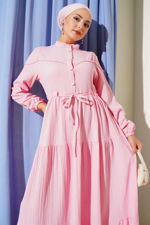 Buttoned Tree Bark Dress with Waist Tunnel and Pink
