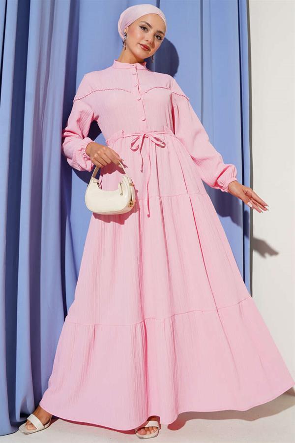 Buttoned Tree Bark Dress with Waist Tunnel and Pink
