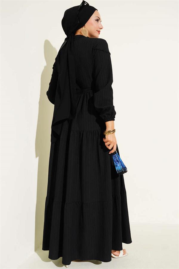 Buttoned Tree Bark Dress with Waist Tunnel and Black