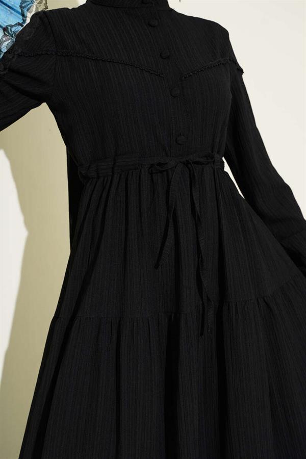Buttoned Tree Bark Dress with Waist Tunnel and Black