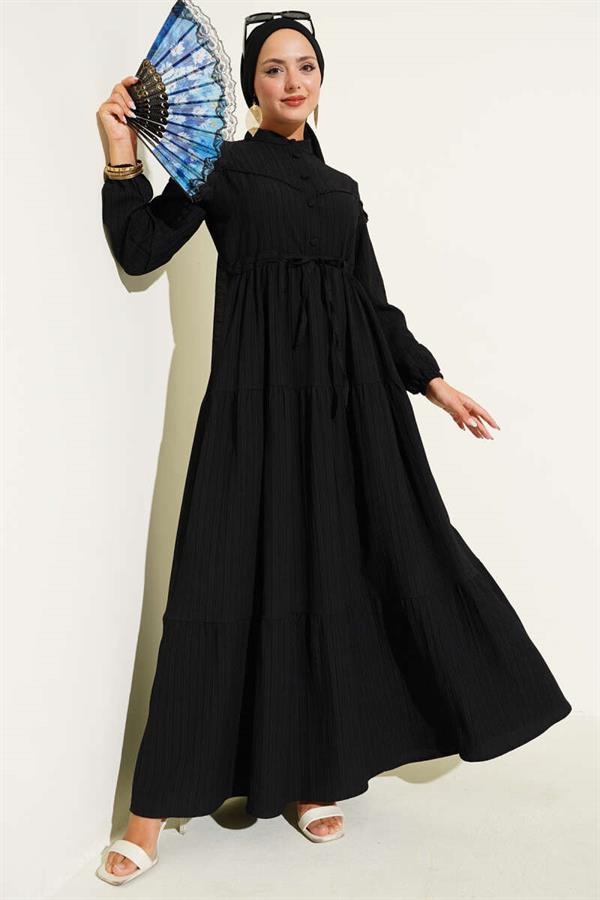 Buttoned Tree Bark Dress with Waist Tunnel and Black