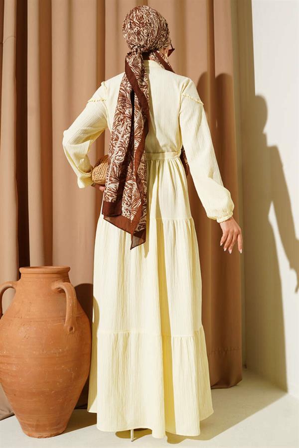Buttoned Tree Bark Dress with Waist Tunnel in Yellow